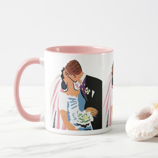 Mug Mariage Vintage, Mariés Rétro s'Embrassant (Avec donut)