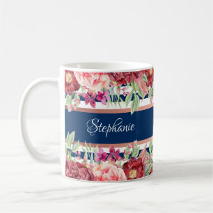 Mug Marine Bleu Brousse Bourgogne Floral Nom personnal