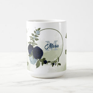 Mug marine & fleurs bleu poussiéreux verdure monogramm