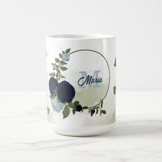 Mug marine & fleurs bleu poussiéreux verdure monogramm (Centre)