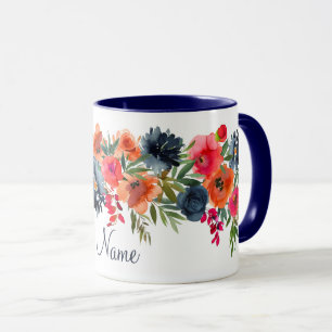 Mug Marine Orange Rouge Rustique Aquarelle Rose Nom fl
