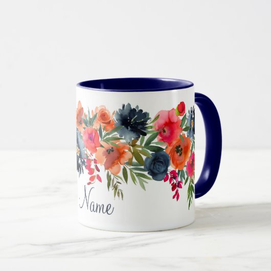 Mug Marine Orange Rouge Rustique Aquarelle Rose Nom fl (Devant droit)