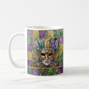Mug Masque à plumes coloré en céramique et or Mardi Gr
