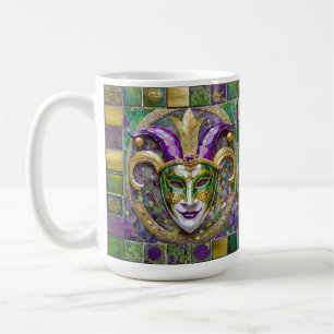 Mug Masque de Jester Mardi Gras Violet Vert Or