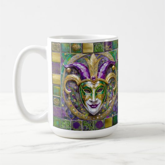 Mug Masque de Jester Mardi Gras Violet Vert Or (Gauche)