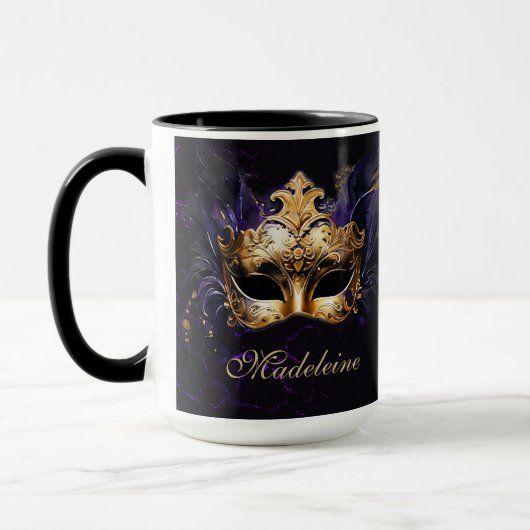 Mug Masque de Mascarade Or Violet Noir Cadeau de Nom M (Gauche)