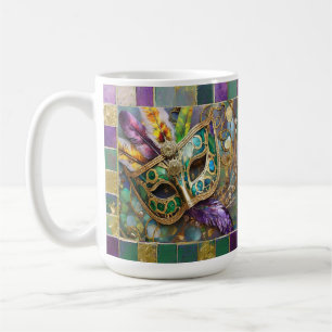 Mug Masque de plumes colorées vert et or de Mardi Gras