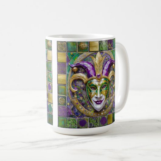 Mug Masque Mardi Gras Jester Vert Or (Devant droit)