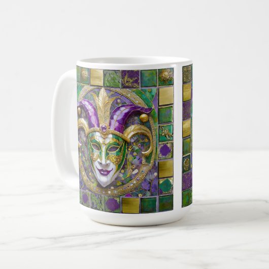 Mug Masque Mardi Gras Jester Vert Or (Devant gauche)