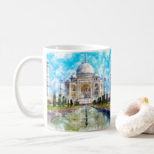 Mug Mausolée de marbre Taj mahal, aquarelle (Avec donut)