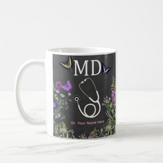 Mug Médecin MD Stéthoscope Floral Personnalisé (Gauche)