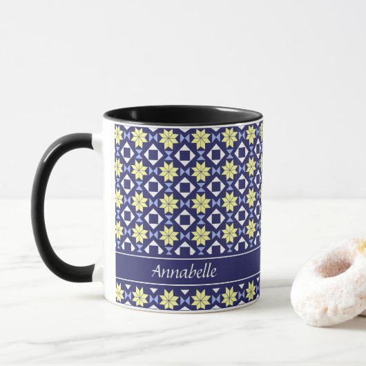Mug Méditerranée Bleu Bleu Floral Carrelage Nom du Mot (Avec donut)
