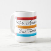 Mug Meilleur enseignant Crayons bleu rouge jaune (Devant gauche)