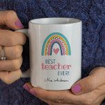 Mug Meilleur Enseignant jamais<br><div class="desc">Cette tasse à café de l'enseignant comporte le texte "meilleur ENSEIGNANT jamais" et est accentué avec un arc-en-ciel et coeur mignon et coloré dans les couleurs modernes de turquoise, or, rose et bleu. Le est un cadeau parfait pour les enseignants.</div>