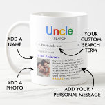 Mug Meilleur Oncle Jamais Recherche Résultats Photo &<br><div class="desc">Ce design ludique et réconfortant est le meilleur moyen de célébrer le meilleur oncle de tous les temps. Conçu pour ressembler à un résultat de moteur de recherche, il confirme humoristiquement votre oncle comme le "résultat" supérieur, avec un message personnel et une photo personnalisée. Le design dynamique et moderne, associé...</div>