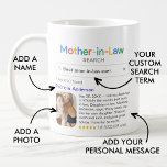 Mug Meilleure belle-mère jamais recherche & photo<br><div class="desc">Baise amusante pour votre belle-mère avec le logo "Recherche de belle-mère" et un résultat de recherche unique pour "Meilleure belle-mère jamais",  avec le nom de votre belle-mère,  une photo,  votre message personnel et un classement 5 étoiles.</div>