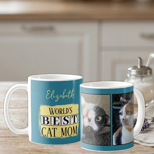 Mug Meilleure maman de chat 2 nom de photo bleu jaune