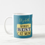 Mug Meilleure maman de chat 2 nom de photo bleu jaune (Gauche)