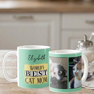 Mug Meilleure maman de chat 2 nom de photo vert jaune