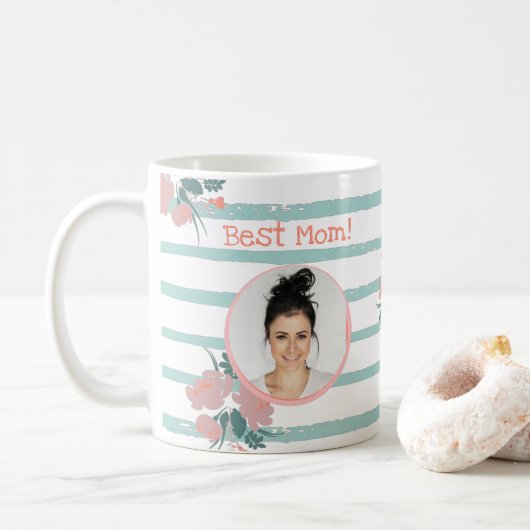 Mug Meilleure maman Floral rayé rose Turquoise Photo (Avec donut)