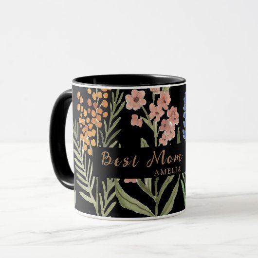 Mug Meilleure maman jamais - Nom personnalisé floral (Devant gauche)
