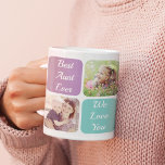 Mug Meilleures photos de tante<br><div class="desc">Célébrez une tante préférée avec ce design personnalisé violet et turquoise. Vous pouvez ajouter cinq photos de famille de nièces et neveux, personnaliser les expressions de "Meilleure tante Ever" et "Je t'aime" ou "Nous t'aimons", et si elle est appelée Tante, Tante, Tia, etc, et son nom. Vous pouvez également ajouter...</div>