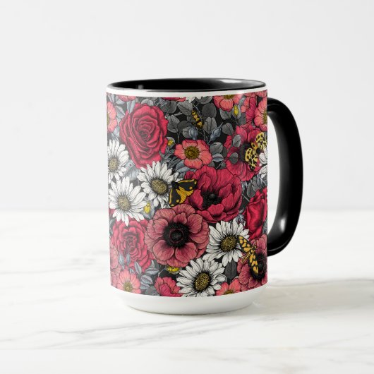 Mug Mélange de fleurs en rouge et gris (Devant droit)