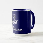 Mug Melbourne Ancre - Style Maritime Bleu Et Blanc (Devant droit)