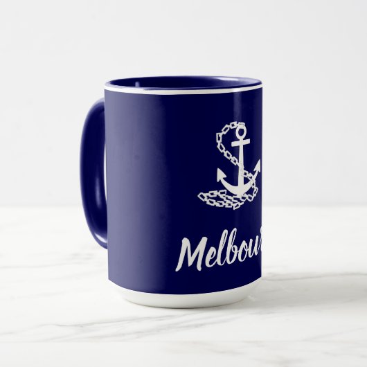 Mug Melbourne Ancre - Style Maritime Bleu Et Blanc (Devant gauche)