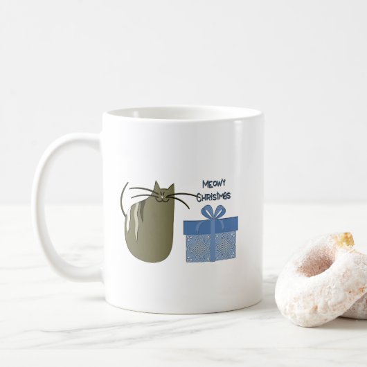 Mug Meowy Christmas Grey Chat avec cadeau bleu (Avec donut)