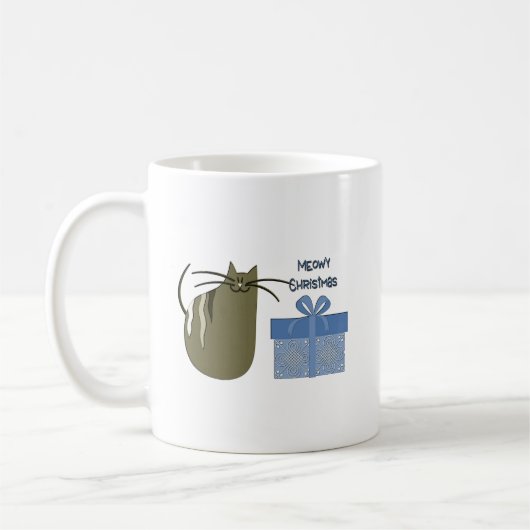 Mug Meowy Christmas Grey Chat avec cadeau bleu (Gauche)