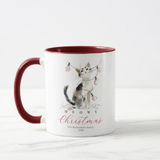 Mug Meowy Noël Chat Aquarelle Lumières Nom Personnalis