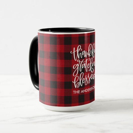 Mug Merci Grateful Nom Béni Rouge Plaid Grand (Devant gauche)