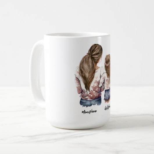 Mug Mère et fille, cheveux longs, nom personnalisé (Devant gauche)