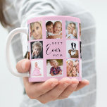 Mug Mère photo collage rose<br><div class="desc">Un cadeau pour votre mère, célébrant sa vie avec un collage de 14 photos. Texte en noir : Meilleure maman jamais. Personnalisez et utilisez vos propres photos d'elle, enfants, mari, animaux domestiques, amis. Arrière - plan rose élégant. Parfait comme cadeau de la Fête des Mères, pour les anniversaires et Noël....</div>