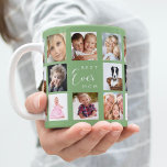 Mug Mère photo collage sauge vert<br><div class="desc">Un cadeau pour votre mère,  célébrant sa vie avec un collage de 14 photos. Texte blanc : Meilleure maman jamais. Personnalisez et utilisez vos propres photos d'elle,  enfants,  mari,  animaux domestiques,  amis. Arrière - plan vert Sage. Parfait comme cadeau de la Fête des Mères,  pour les anniversaires et Noël.</div>