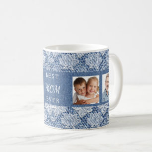 Mug Mère photo en dentelle bleu denim