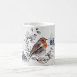 Mug Merle d'Amérique élégant en aquarelle en hiver