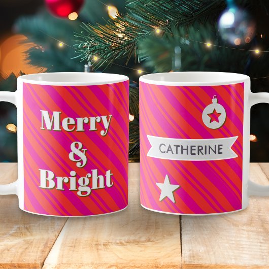 Mug Merry and Bright Red and Pink Candy Stripe Custom