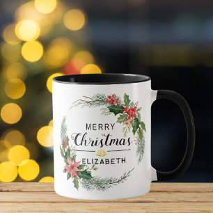 Mug Merry Christmas Floral Wreath and Script Black