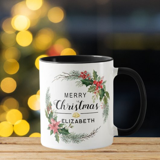 Mug Merry Christmas Floral Wreath and Script Black
