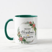 Mug Merry Christmas Floral Wreath and Script Green (Gauche)