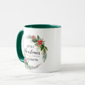 Mug Merry Christmas Floral Wreath and Script Green (Devant gauche)