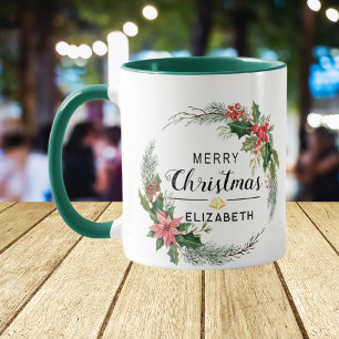 Mug Merry Christmas Floral Wreath and Script Green