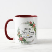 Mug Merry Christmas Floral Wreath and Script Maroon (Gauche)