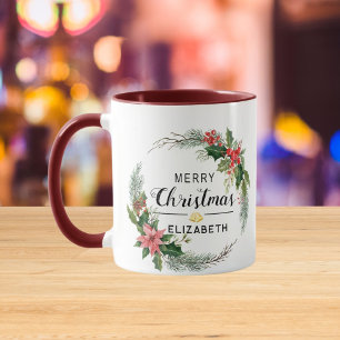 Mug Merry Christmas Floral Wreath and Script Maroon