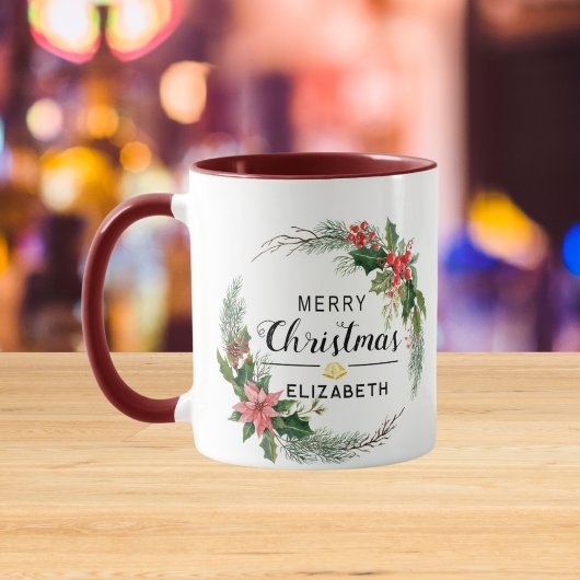 Mug Merry Christmas Floral Wreath and Script Maroon