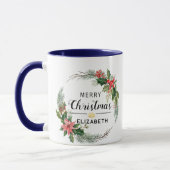 Mug Merry Christmas Floral Wreath and Script Navy Blue (Gauche)