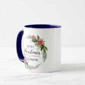Mug Merry Christmas Floral Wreath and Script Navy Blue (Devant gauche)