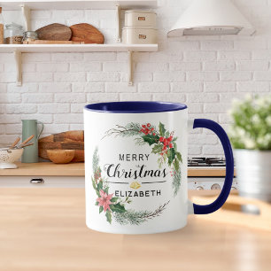 Mug Merry Christmas Floral Wreath and Script Navy Blue